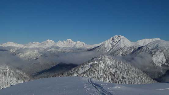 Another look over the summit of Beacon Mountain towards Joffre Group and Prior Peaks