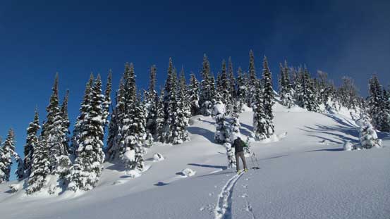 Alex breaking trail up the peak