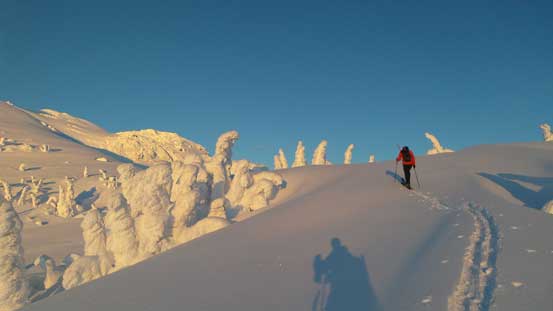 Alan skinning up towards the col. There's some micro terrain around here