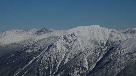 Asherah Peak right of center; Snowspider Mountain is the dark one on left