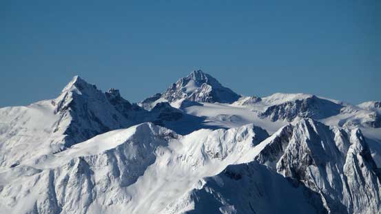 Mt. James Turner (L); Wedge Mountain (C) and Gunsight Peak (fg, R)
