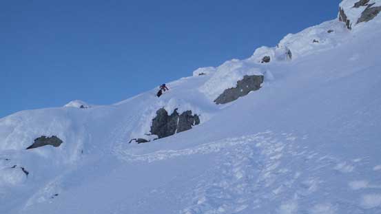 Alan and Ben down-climbing the couloir