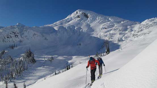 Skinning back up Shields' shoulder to intersect our tracks