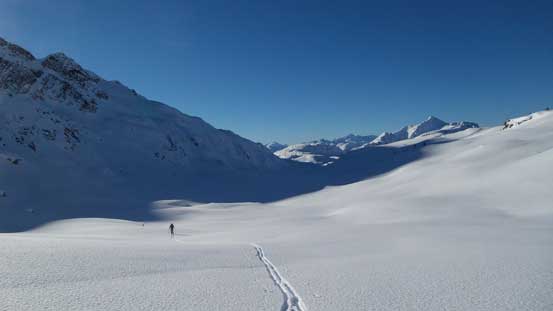 Ben skinning up this pristine valley