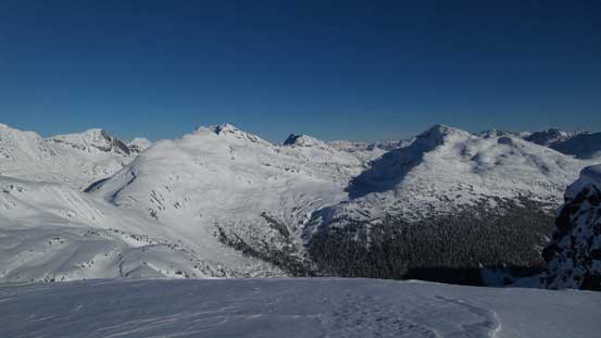A look down at Cherry Chip Pass (bottom left), Tundra Peak and Caltha Peak