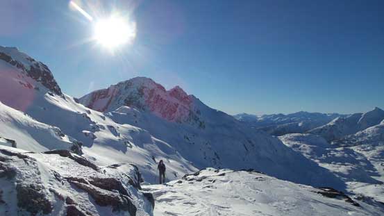 Ben ascending the ridge with Long Peak behind
