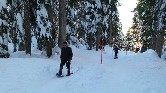 Snowshoeing following the red posts. There's a post for every 10 m or so...