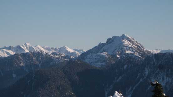 Cathedral Mountain with Meslilloet Mountain to its left on the skyline