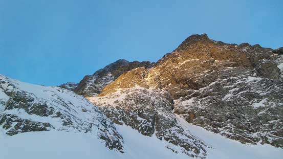 First light shone on Joffre Peak's cliff face