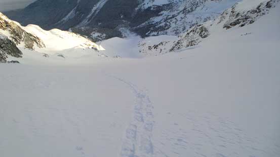 Looking down at my tracks on Anniversary Glacier