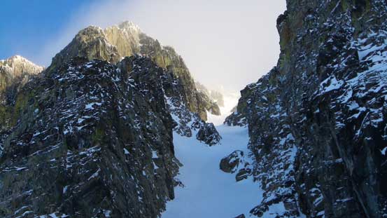 A zoomed-in shot of Aussie Couloir's upper slopes
