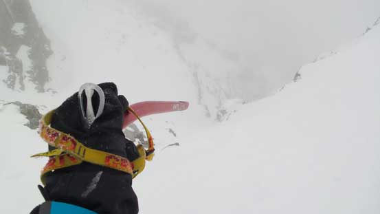 Ready to down-climb the couloir