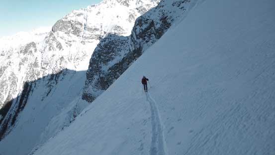 Skis on again, but it's still steep
