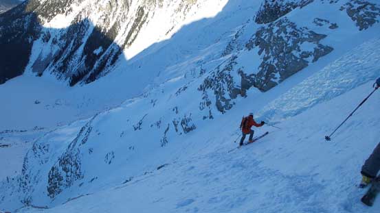 Ben side-slipping into the lower couloir