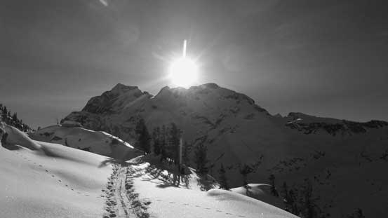 Joffre Peak came into view, unfortunately directly behind the sun... 