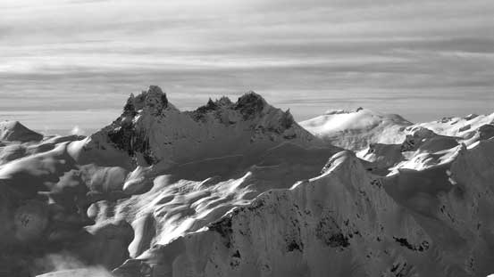 The two towers of Mt. Fee - true summit of left and north tower on right. Pykett Peak on right skyline behind
