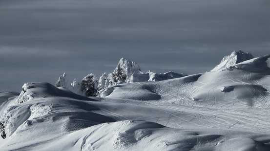 From L to R: Vulcan's Thumb (yet unclimbed), Pyroclastic Peak and Mt. Cayley