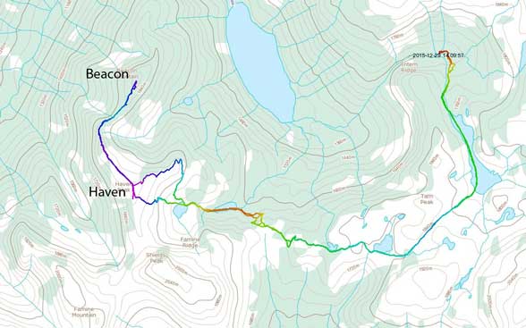 Haven Peak to Beacon Mountain ski route from Lizzie Creek Cabin