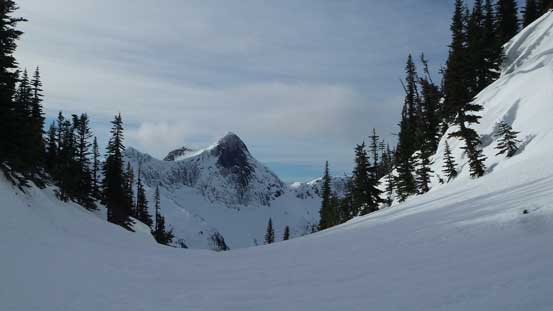 Down to the saddle, looking towards Yak Peak
