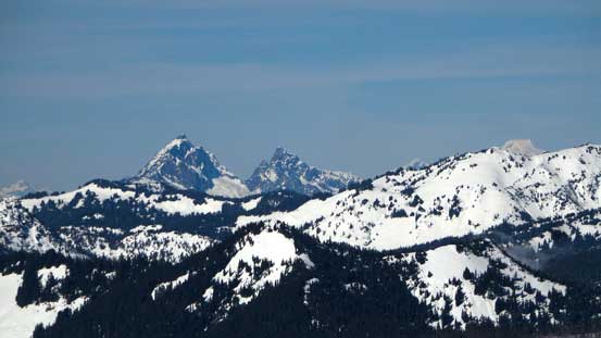 Mt. Pugh and White Chunk Mountain with the tip of Mt. Baker poking on right skyline