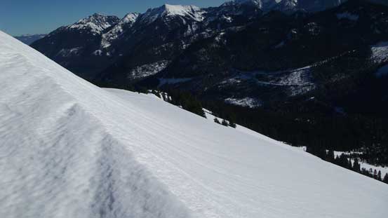 One last look at the impressive slide path on Jove Peak's south face