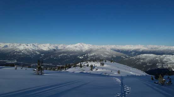 At treeline now, looking back at the broad ridge