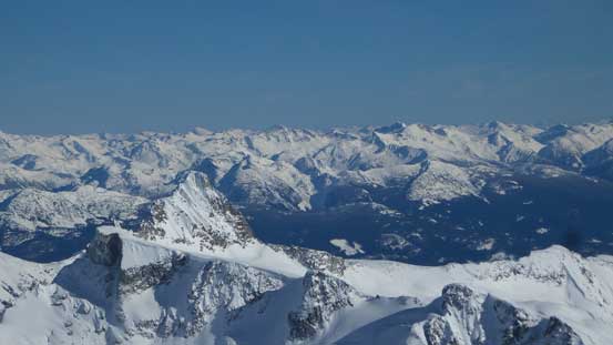 Looking over Mt. James Turner (fg, L) towards remote peaks south of Stein Divide