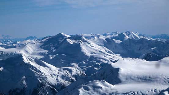 Mt. Sir Richard and more remote peaks on McBride Range, and behind towards Misty Icefield area
