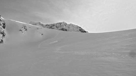 Looking back at my tracks down the Wedgemount Glacier
