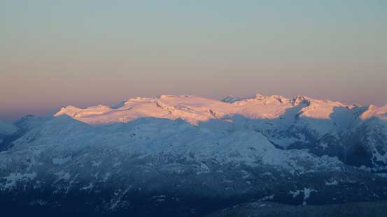 Alpenglow on peaks on Ashlu - Elaho Divide