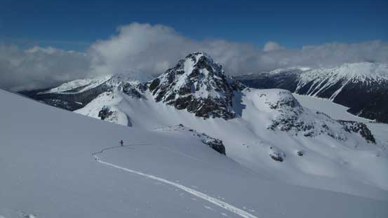 Michelle skinning up with Guard Mountain in the background