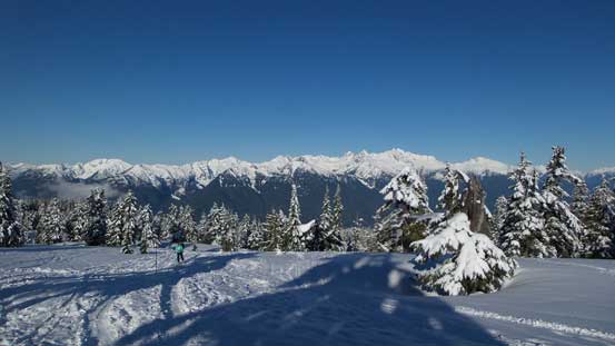 Skinning up towards treeline in a crystal clear morning