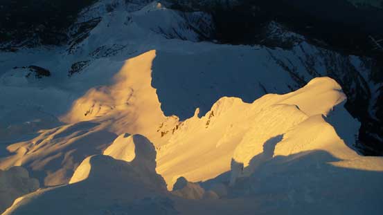 Looking down the south arete towards the tiny summit of Diamond Head