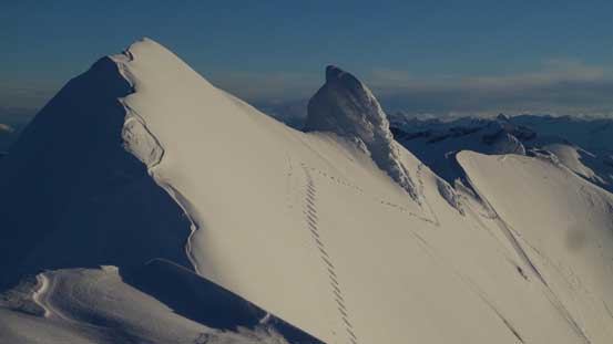 This picture shows clearly our tracks traversing across the first two false summits