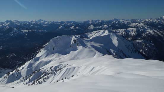 Looking down the mellow south slopes towards The Gargoyles and Columnar Peak