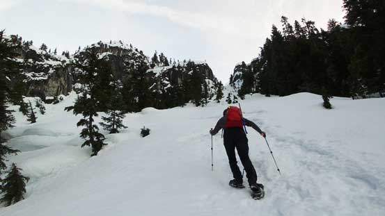 Ascending up an avalanche path. This is where the grade steepens considerably 
