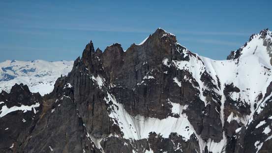 Pyroclastic Peak with the unclimbed Vulcan's Thumb sticking from its left shoulder