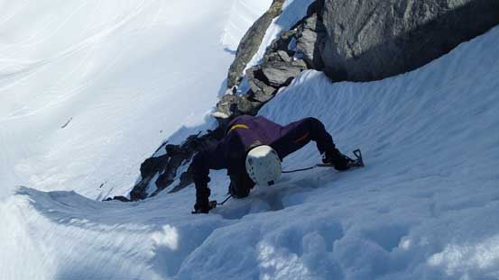 Now, into the channel above the rock crux step