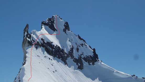 Our route shown up the North Face "variation". Photo taken from the return