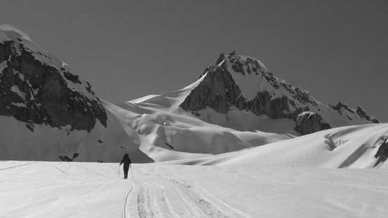 Skinning plod up the glacier. Mt. Cayley behind