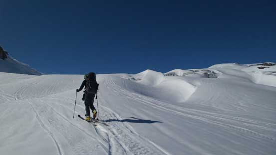 Alex skinning up through the crevasse area