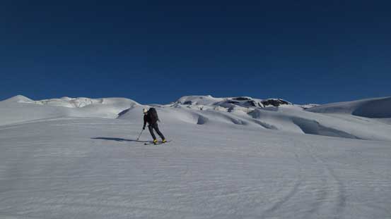 Skiing down the glacier.