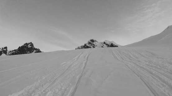 Following the snowmobile tracks. 