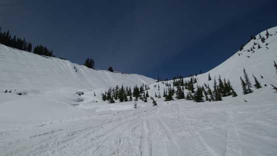 Down into the drainage beside Railroad Grade