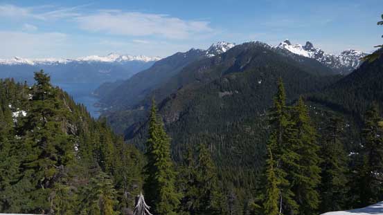 A wider view of Lions Bay and some of the North Shore Mountains.