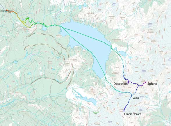 Ascent route for Deception Peak, The Sphinx and Glacier Pikes