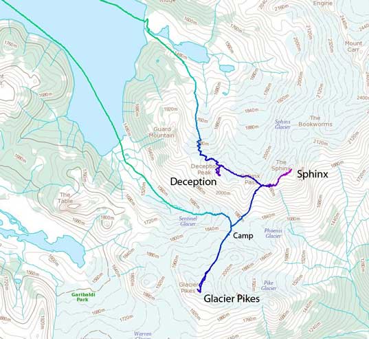 Ascent route for Deception, Sphinx and Glacier Pikes
