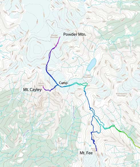 Ascent route for Mt. Fee, Powder Mountain and Mt. Cayley