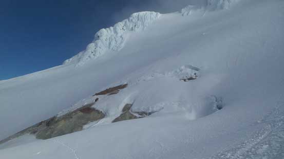 The volcano crater features. The "Old Chute" route on the upper slopes