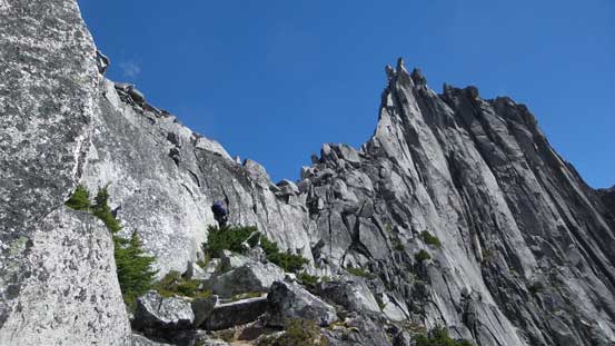 The col ahead and the South Spire on right. 